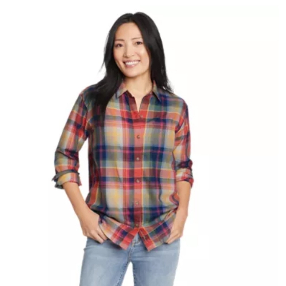 Eddie Bauer Multicolor Plaid Button Down Shirt Brand New Coral Blue Yellow